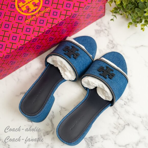 NIB Tory Burch Everly Block Heel Slide Sandals in Denim - Picture 2 of 9